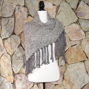 Grey Fringed Hand Knit Shawl Oversized Scarf Cottagecore Grandmacore